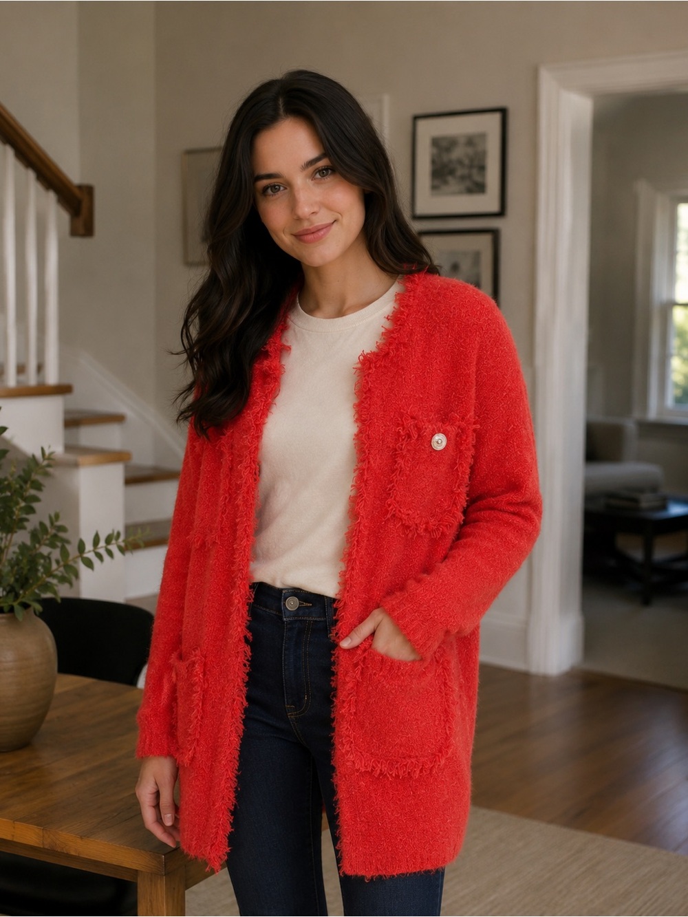 JANICE Apparel Tweed Four Pocket Coral Cardigan O/S